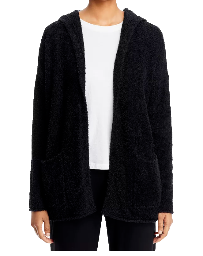Pre-owned Eileen Fisher Hooded Cardigan Sweater Boucle Cashmere Blend Black Sz M
