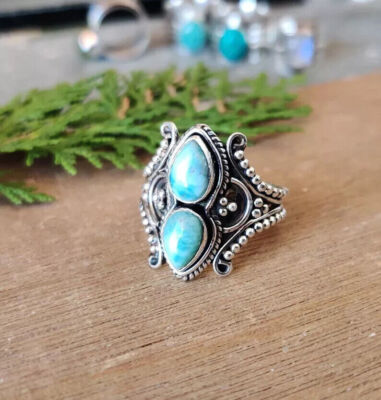 925 Sterling Silver Handmade Larimar Gemstone Statement Ring All Size MF258