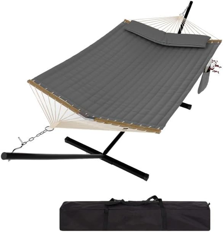 2 Person Outdoor Hammock with Stand, Portable Hammock, Heavy Duty Hammock with Carrying Bag, Soft Pillow, Balance Ropes, for Patio, Backyard, Garden, Beach, Dark Gray