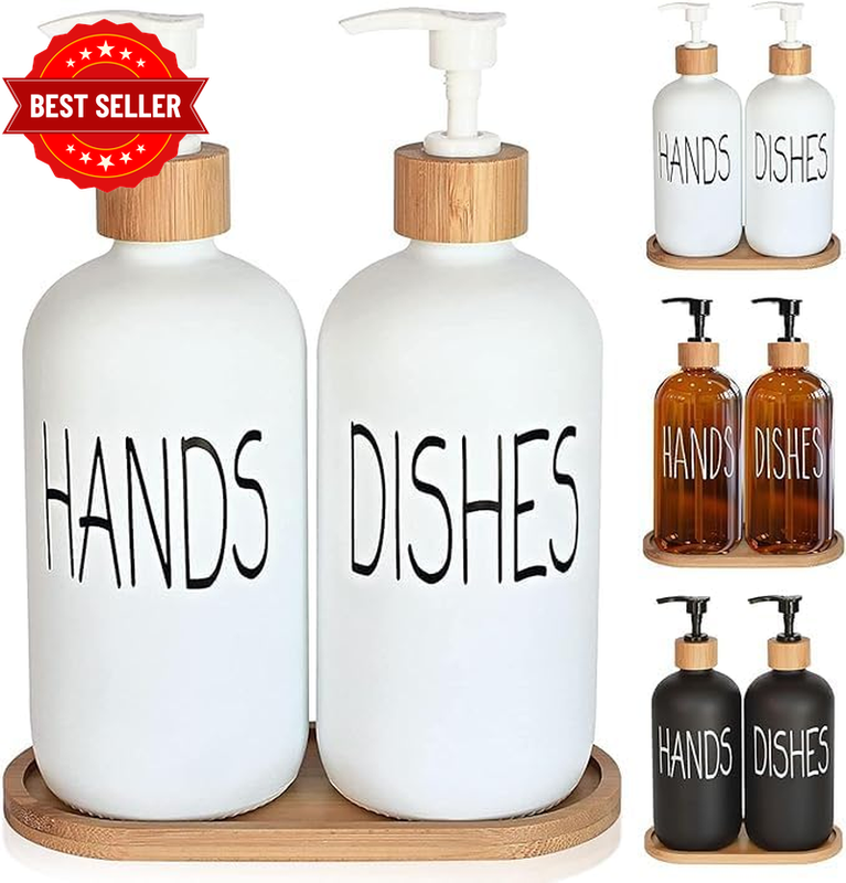 Glass Hand Soap and Dish Soap Dispenser Set with Bamboo Lid & Tray, Kitchen Set