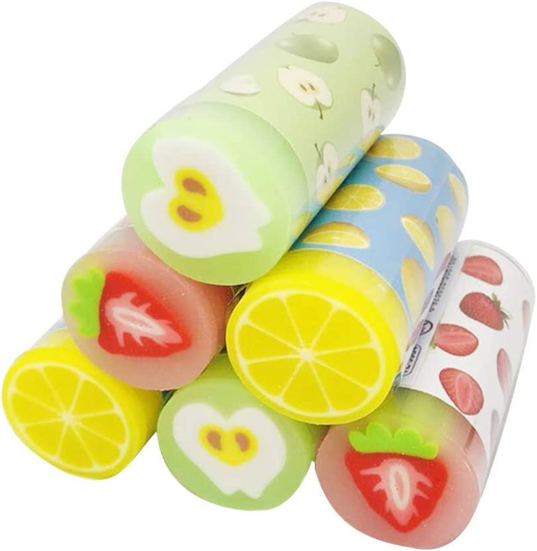 Crazycharlie Fruit Pencil Erasers, 6Pack Cute Erasers Cylindrical Shaped Kawaii