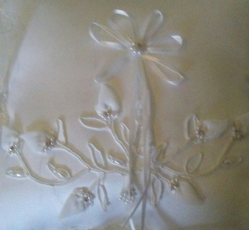 White Wedding Ring Bearer Pillow ~ RIBBON FLOWERS W/ FAUX PEARL/CRYSTAL ACCENTS