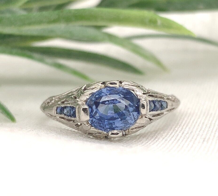 Art Deco Platinum 1.22 Carat Sapphire Filigree Ring w/Lab