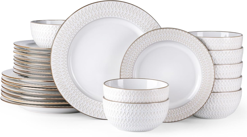 Ceramic Dinnerware Sets, 24Piece Embossed Elegant Stoneware Plates and Bowls Sets, Housewarming Wedding Gift | Dishwasher & Microwave Safe | Dishes Set Service for 8