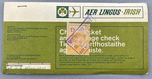 Aer Lingus Charter Ticket 1967 Spain 50 Ptas Airport Departure Tax Revenue Stamp