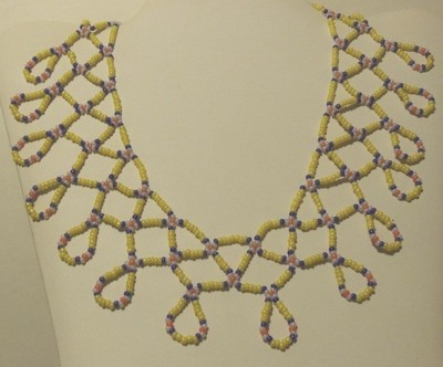 Handmade tiny gold beaded  bib necklace colors of yellow,blue,coral & white