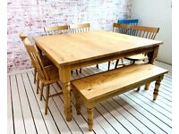 Large All Oak Chunky Farmhouse Table Dining Set Modern Rustic