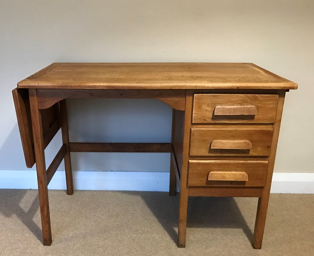Retro Abbess Solid Oak 3 Drawer Desk with drop leaf extension in