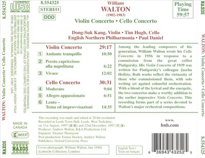TIM HUGH / DONG-SUK KANG WALTON: VIOLIN CONCERTO; CELLO CONERTO NEW CD