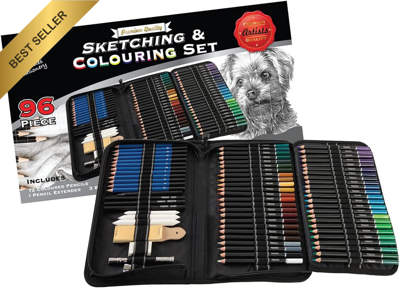 96 Piece Sketching and Colouring Set - Coloured Pencils for Adult Colouring - Ar