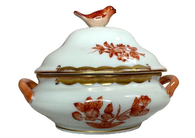 Herend Miniature Tureen & Lid Bird Finial Rust Chinese Bouquet