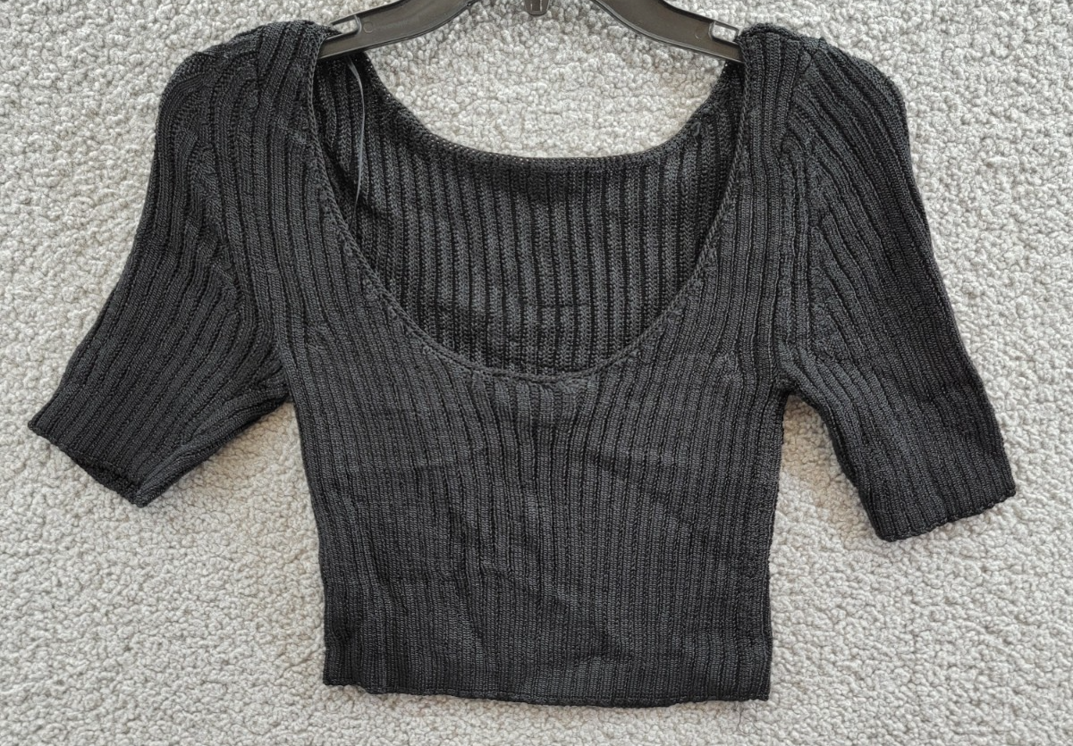Free People Textured Short Sleeves Crop Sweater Top Women's XS Black Pullover - Picture 8 of 13