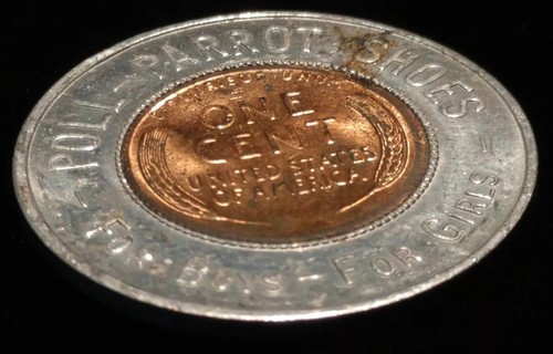 1954 D POLL PARROT SHOES ENCASED WHEAT CENT GOOD LUCK TOKEN COIN MEDAL BOYS GIRL