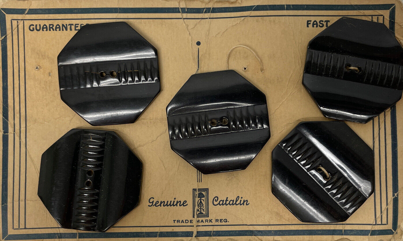 Vintage Genuine Catalin Black Plastic Octagon Shape Buttons 5...