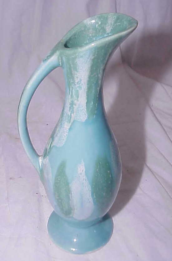 DRYDEN POTTERY BLUE GREEN DRIP VASE WITH HANDLE