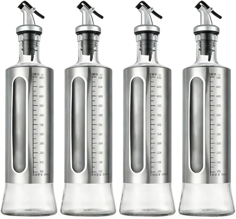 4 Pack Glass Olive Oil Dispenser Bottle Set, Stainless Steel Oil Bottles Dispens