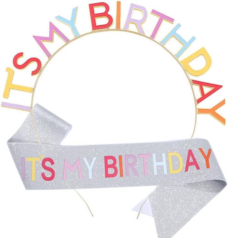 Rainbow Happy Birthday Headband It'S My Birthday Tiara Sash Crown Headpiece Set