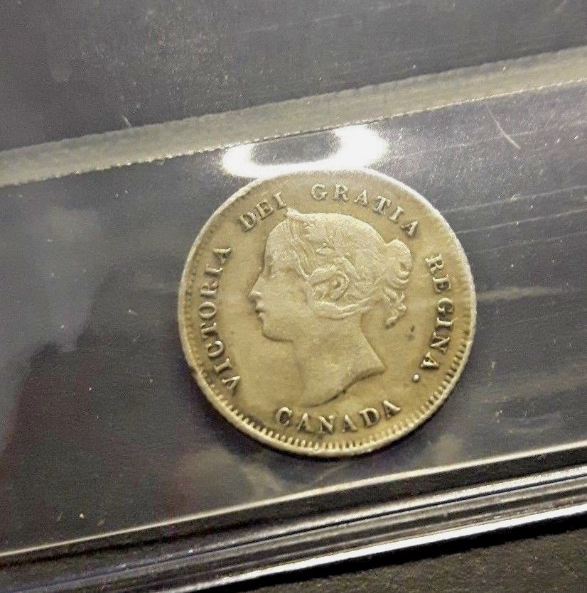 Scarce 1875 H  Canada 5 Cents  LARGE DATE  Graded Fine   F-12