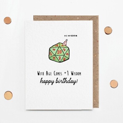 Dungeons And Dragons Birthday Card, Green D20, Funny DnD +1 Wisdom Level Up