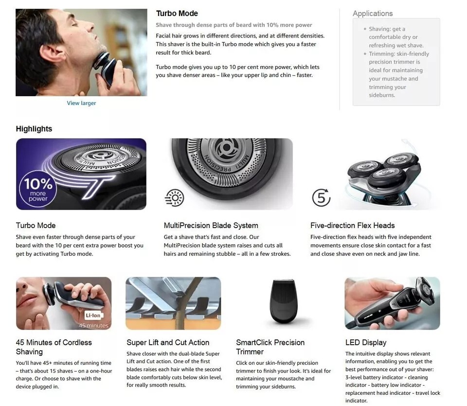 Philips Norelco Electric Shaver series 5000 Dry shaving, S5370/04, with Turbomod