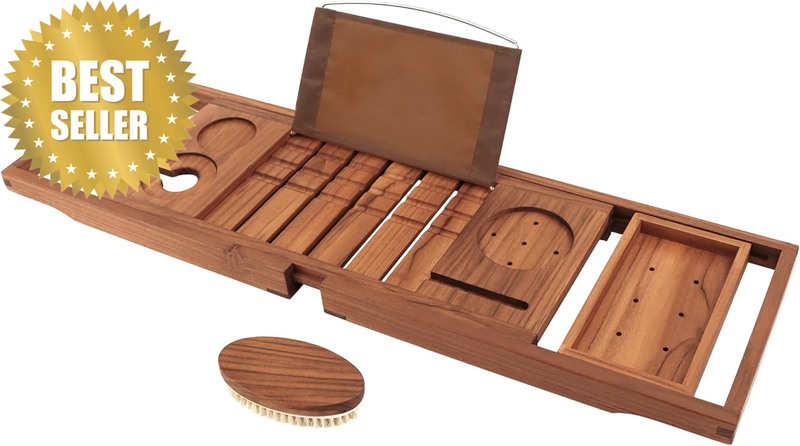 Teak Bathtub Tray, Expandable Wooden Bath Tray for Tub with Wine and Book Holder