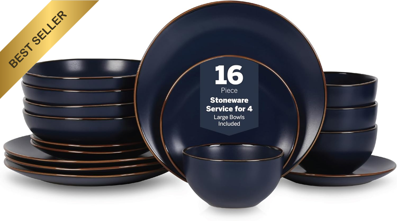 Brasa Modern Stoneware 16-Piece Dinnerware Set, Plates & Bowls for 4, Blue