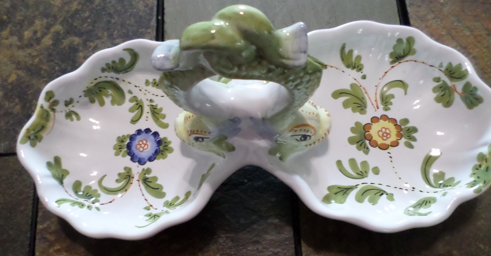 Double Relish Dish Tray Made in Italy ~Entwined Dolphin Handle, Painted Flowers