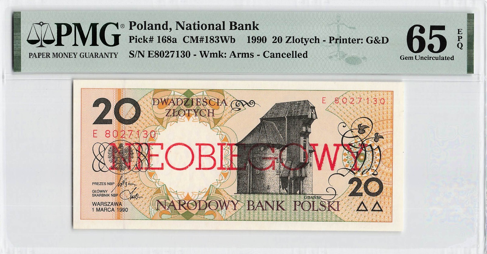Poland 1990 2 Zlotych, P168a PMG Graded 65 Gem Uncirculated EPQ. Banknote
