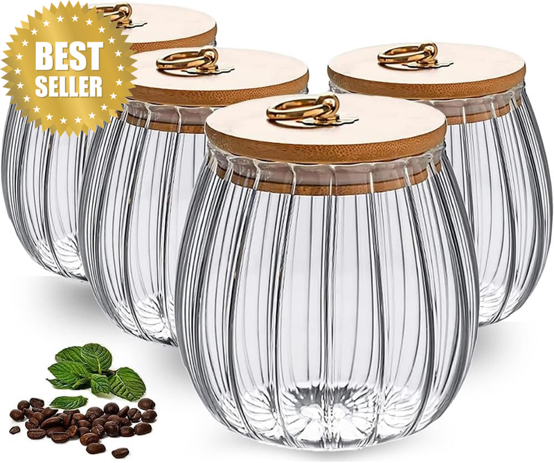 Glass Jars with Lids, Ribbed Glass Jar Set of 4, Airtight Clear Storage Containe