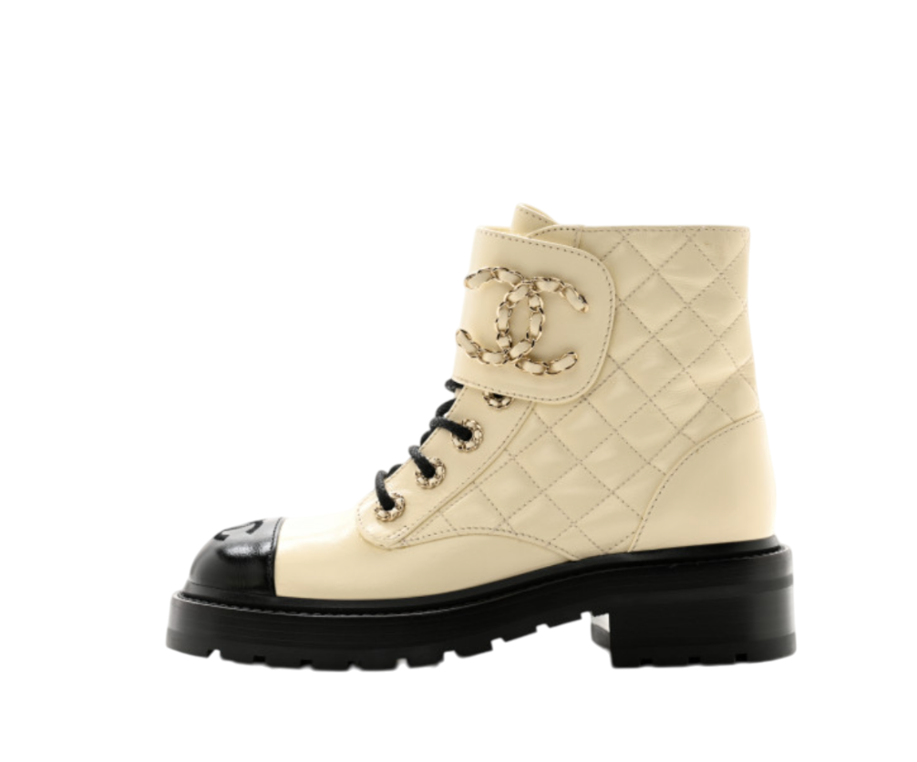 Chanel Combat Lace Up Boots Shiny Goatskin Black & Dark Gray