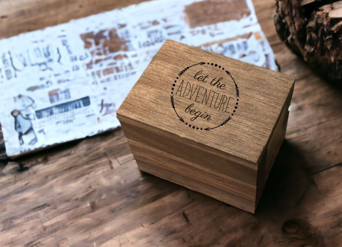 Let the Adventure Begin Laser Engraved Magnetic Rustic Wooden Proposal Ring Box