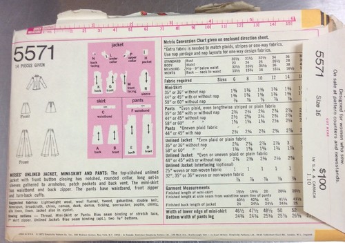 Vtg Simplicity 5571 Unlined Jacket Mini-skirt Pants Pattern Miss Size 16 B38 W30