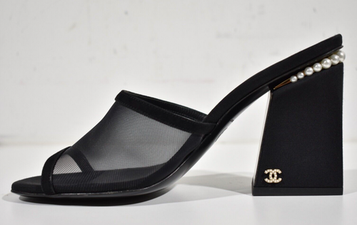 Pre-owned Chanel 22a Black Mesh Pearl Cc Logo Block Heel Backless Mule Sandal Pump 39