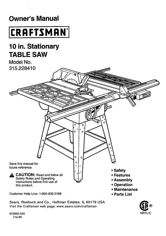 Owner's Manual for Sears Craftsman 10” Stationary Table Saw - Model 315.228410