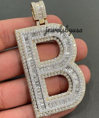 Pre-owned Nsg Customized Men's 3.1ct Baguette Cubic Zirconia "b" Pendant 925 Silver In White