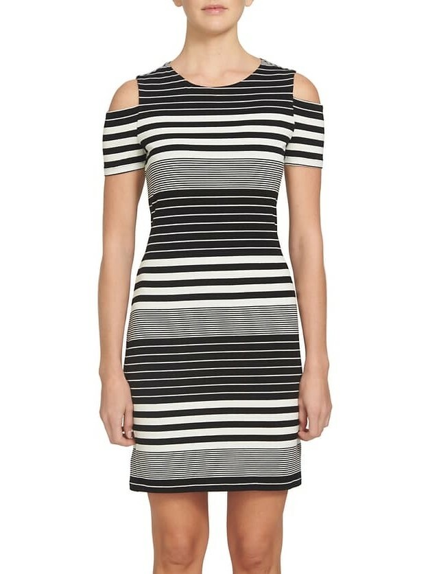 1.STATE 155844 Women's Stripe Body-Con Dress Short Sleeve Rich Black Sz. Medium