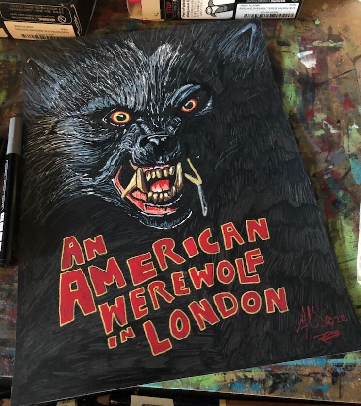 AN AMERICAN WEREWOLF IN LONODON ACRYLIC PAINT SKETCH BY GEORGE SILLIMAN