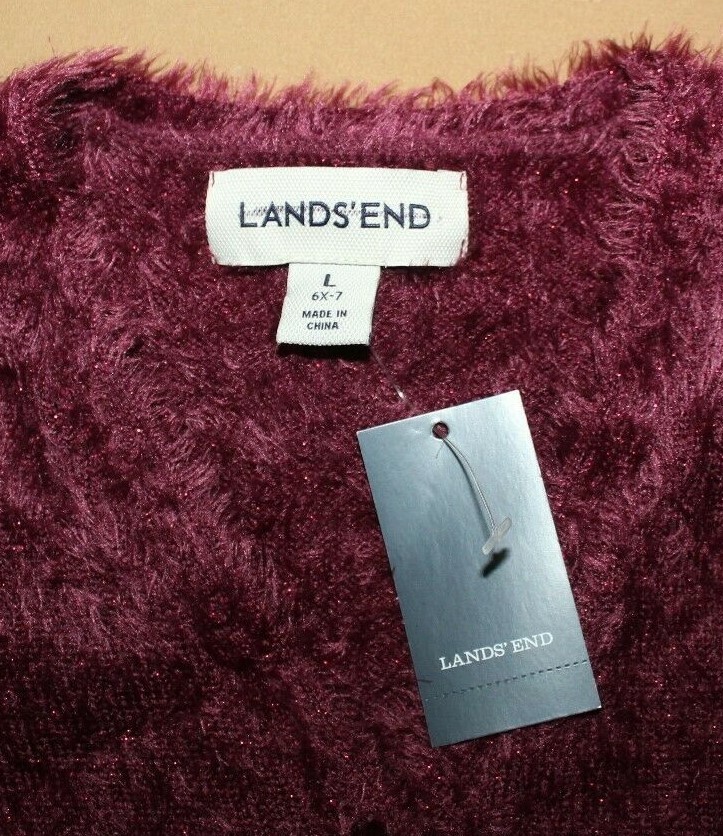 NWT LANDS' END Girls Burgundy Cardigan Sweater Size L 6X-7