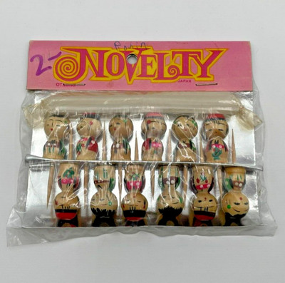 VTG Set of 12 Wood Kokeshi Doll Cake Candle Holders Otagiri NOS