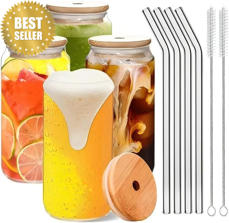 Drinking Glasses with Bamboo Lids and Glass Straws-4Pcs Set 500Ml Glass Cups for