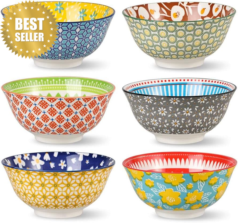 Porcelain Soup Cereal Bowls Set - Ceramic Bowls for Kitchen 23 Oz - 6 Colorful P