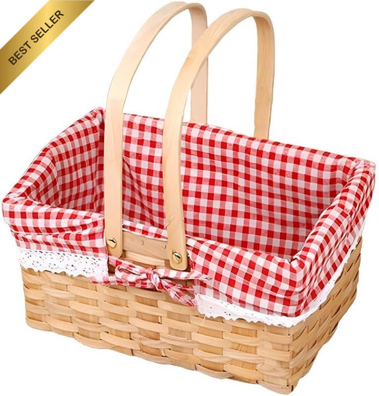 Wicker Basket with Double Folding Handle, Picnic Basket, Natural, Willow, Linen