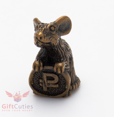 Russian Solid Brass Figurine of Mouse Mice Holds a Coin Talisman IronWork