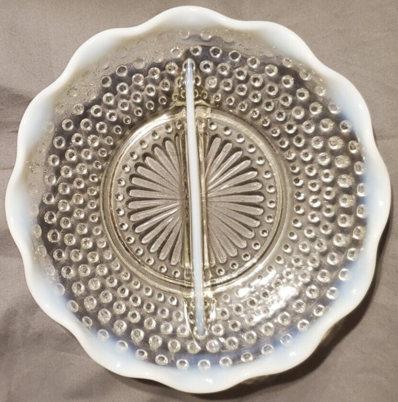 Divided Serving Dish Vintage Hobnail Glass White Opalescent Ruffle Edge