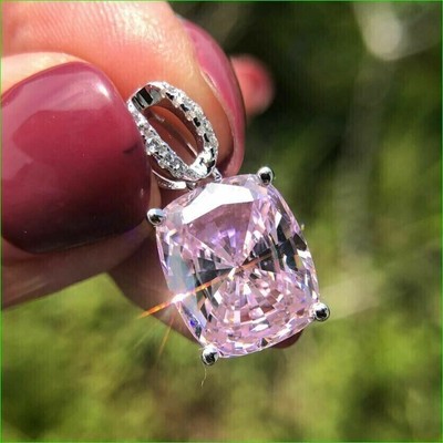 Cushion Lab-Created Pink Sapphire Diamond Women's Pendant 14k White Gold Plated