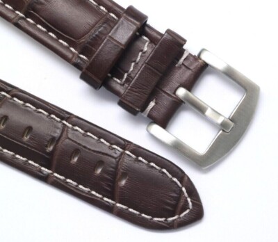 22mm Brown Crocodile Grain Leather Contrast Stitch Watch Band Silver Tone Buckle