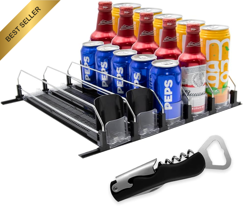 Soda Can Organizer with Bottle Opener, Self-Pushing Glide, 5 Rows, Black