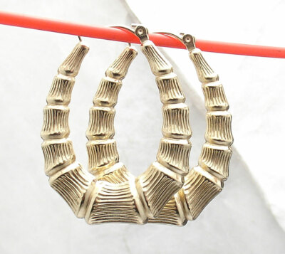 1 1/8" Graduated Oval Bamboo Hoop Earrings REAL 10K Yellow Gold 