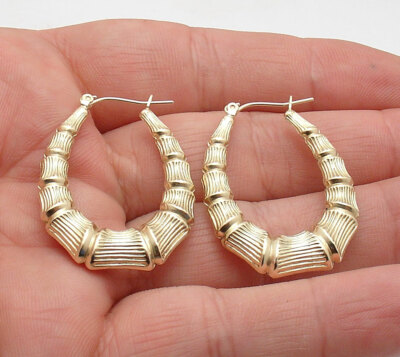 1 1/8" Graduated Oval Bamboo Hoop Earrings REAL 10K Yellow Gold 