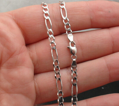 Pre-owned Figaro 3.8mm Classic  Chain Necklace Real Solid 14k White Gold Free Shipping In Misty Rose